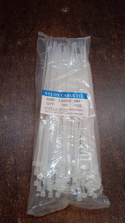 3.2×200 MM Nylon Self-Locking Cable Ties – Heavy Duty Zip Wire Tie (Pack of 100, Black)